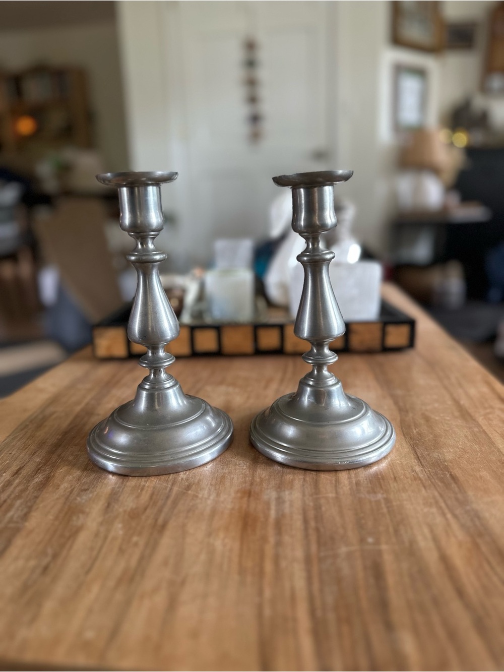 Vintage pair of International Pewter Candle Holders 8”. Few small dents